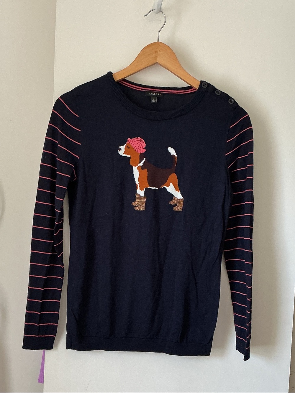 Talbots Navy Sweater with Beagle Intarsia and Pink Stripe Sleeves